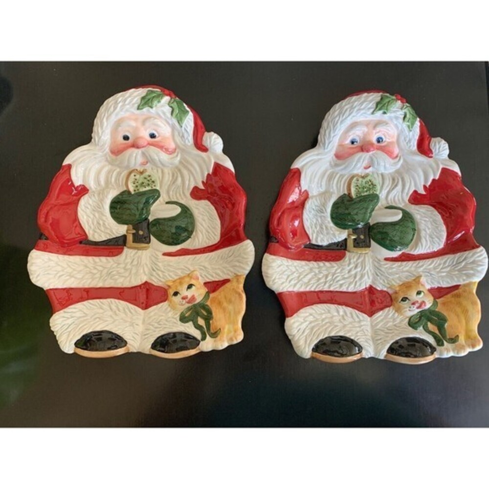 2 Fitz & Floyd Classics Santa Canape Dessert Cookie Plate Kitten Kitty 2004
